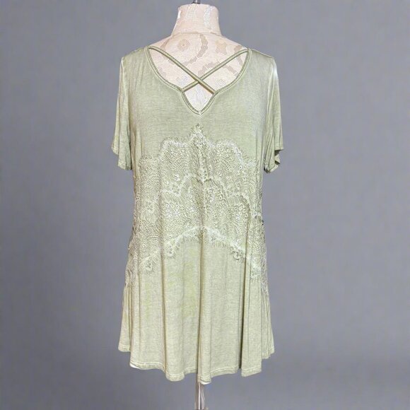 Crisscross Lace Detail Mineral Wash Sage Green Top - Picture 1 of 9